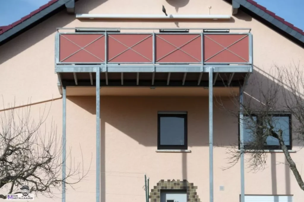 Anbbaubalkon Gelaender Stahl verzinkt HPL Platten Edelstahlhandlauf