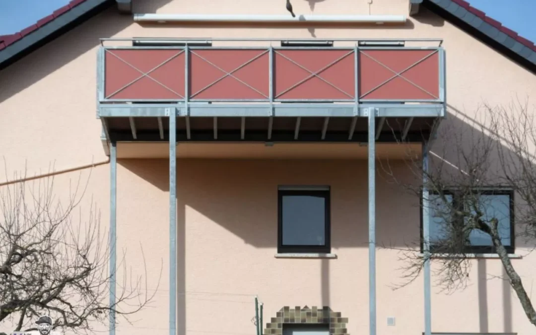 Anbbaubalkon Gelaender Stahl Verzinkt HPL Platten Edelstahlhandlauf