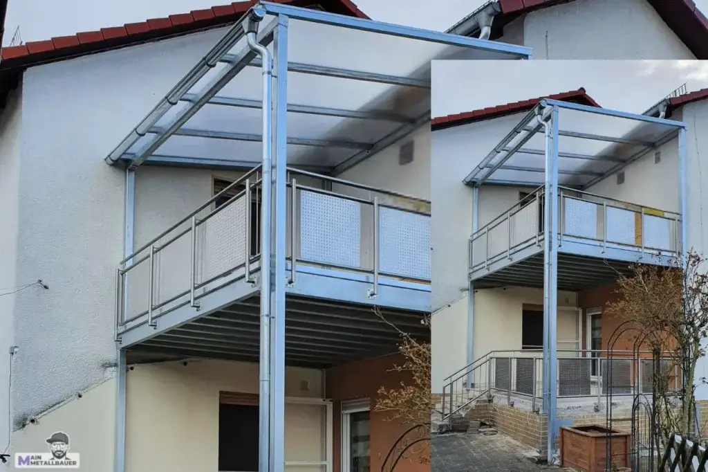 Ueberdachter Anbaubalkon Stahl verzinkt Edelstahlgelaender Edelstahllochblechfuellung