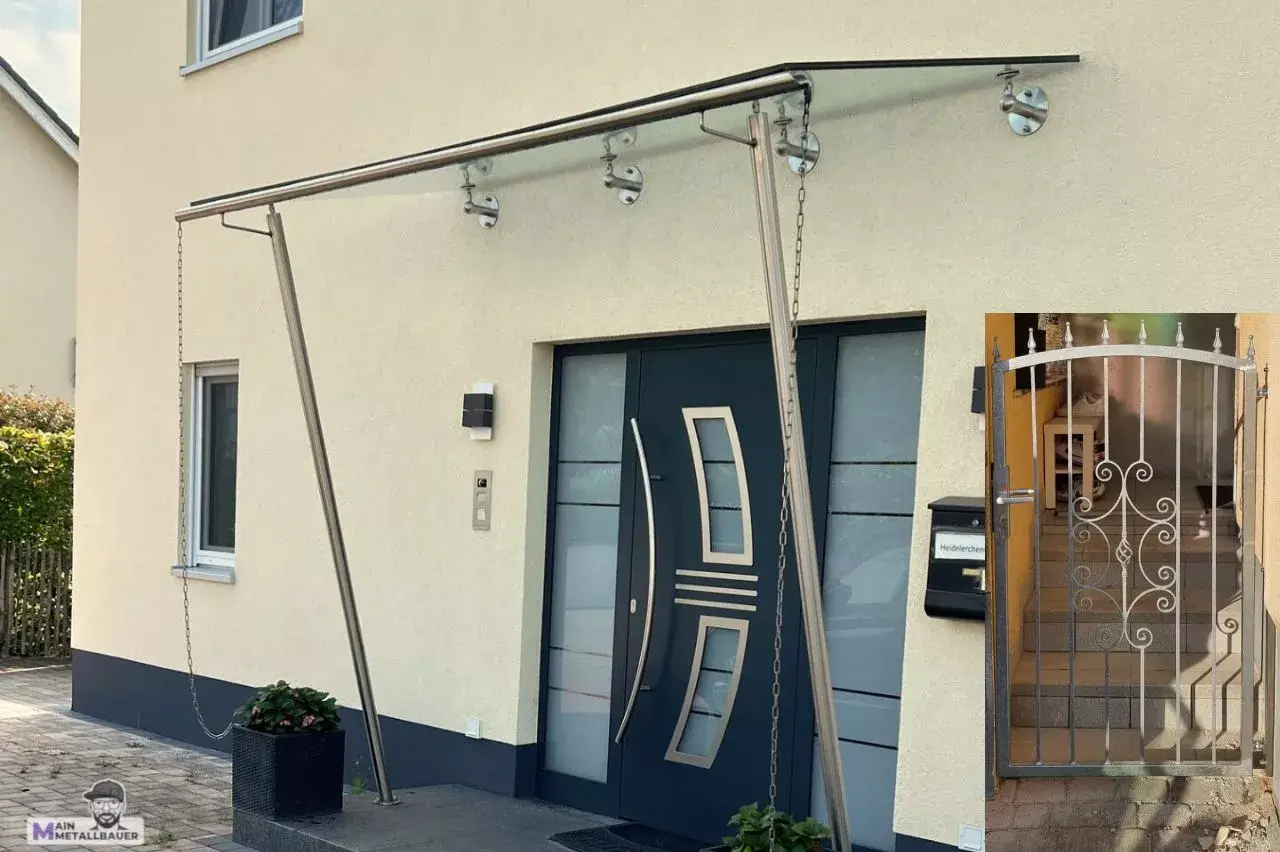 Glasvordach auf zwei Edelstahlstuetzen